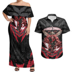 Personalised Essendon Bombers Football Couples Matching Off Shoulder Maxi Dress and Hawaiian Shirt Fierce Mosquito Mascot 3D Grunge City Art