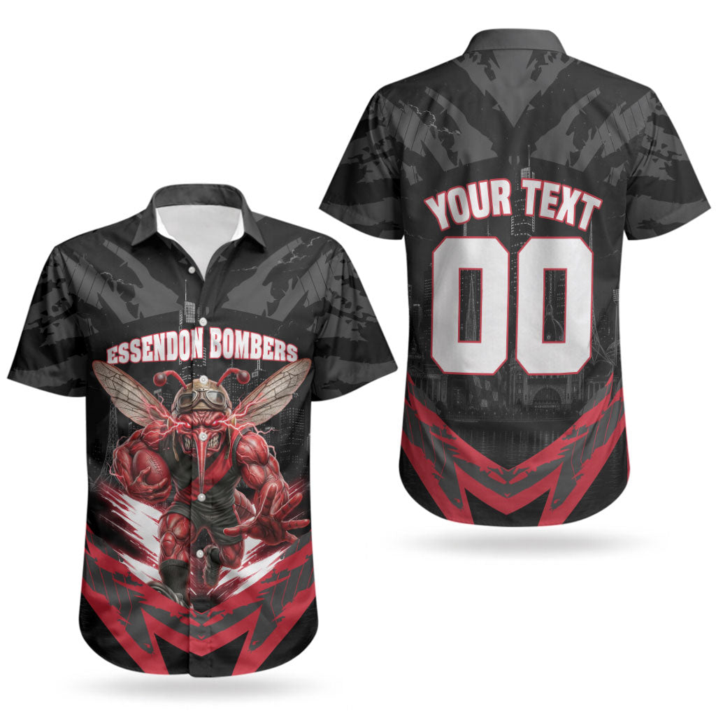 Personalised Essendon Bombers Football Couples Matching Off Shoulder Maxi Dress and Hawaiian Shirt Fierce Mosquito Mascot 3D Grunge City Art