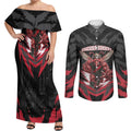 Personalised Essendon Bombers Football Couples Matching Off Shoulder Maxi Dress and Long Sleeve Button Shirt Fierce Mosquito Mascot 3D Grunge City Art