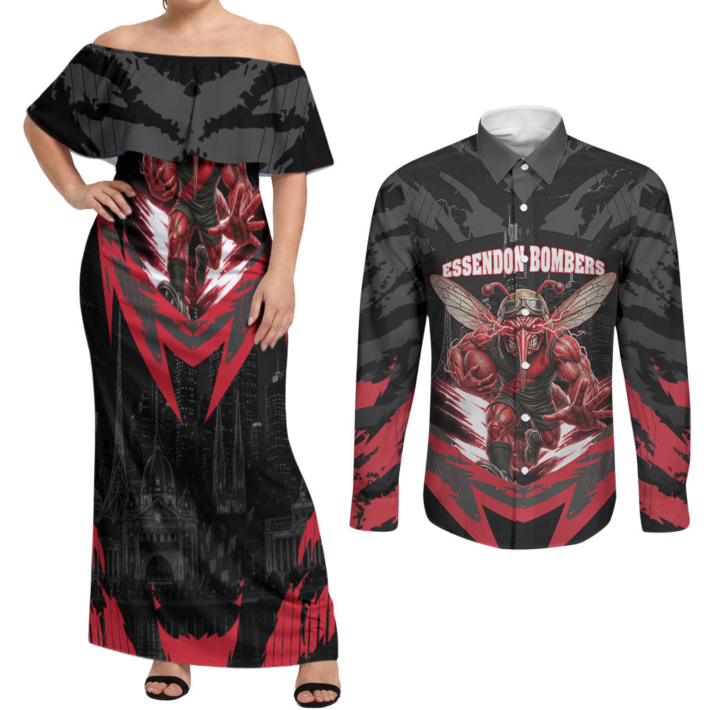Personalised Essendon Bombers Football Couples Matching Off Shoulder Maxi Dress and Long Sleeve Button Shirt Fierce Mosquito Mascot 3D Grunge City Art