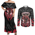 Personalised Essendon Bombers Football Couples Matching Off Shoulder Maxi Dress and Long Sleeve Button Shirt Fierce Mosquito Mascot 3D Grunge City Art