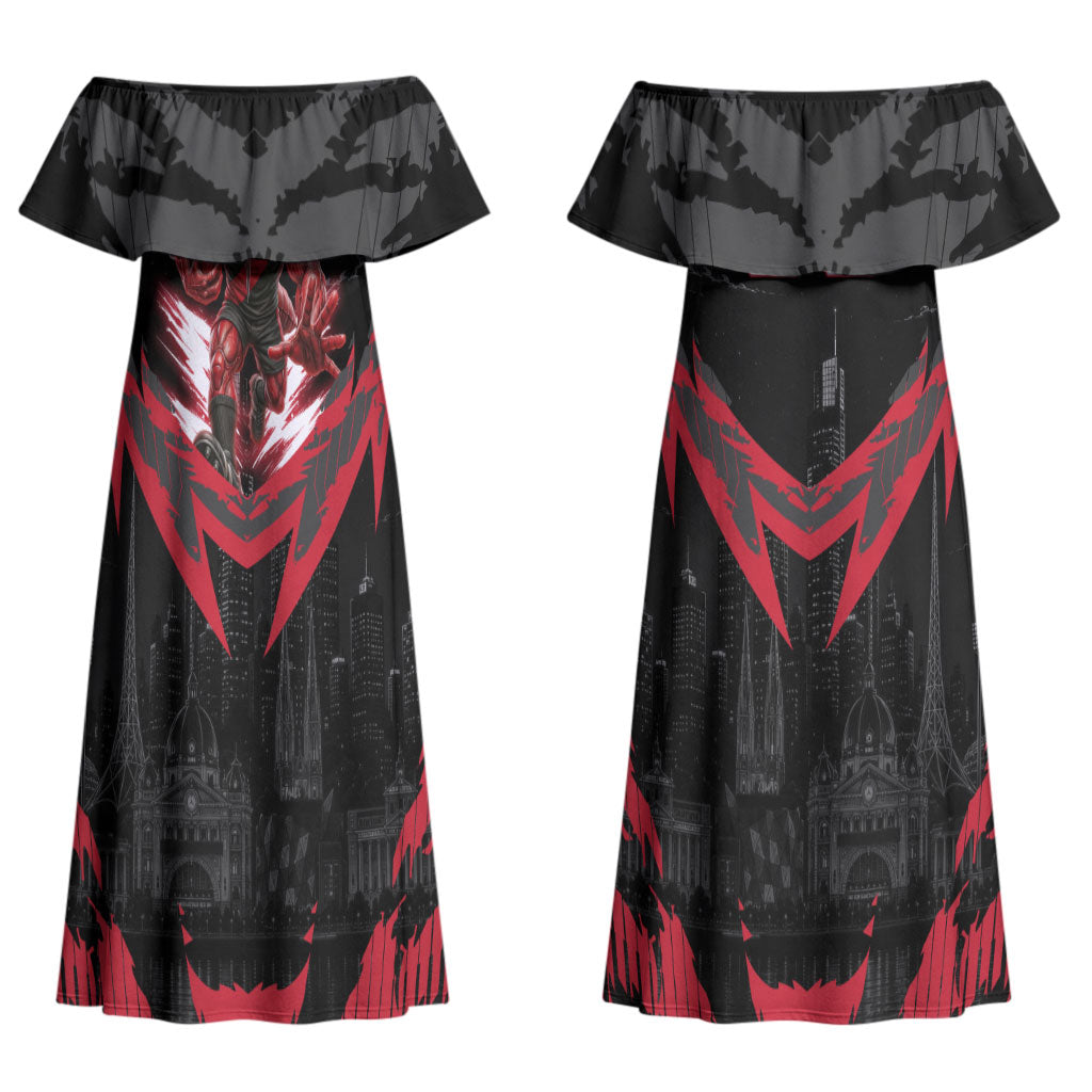 Personalised Essendon Bombers Football Couples Matching Off Shoulder Maxi Dress and Long Sleeve Button Shirt Fierce Mosquito Mascot 3D Grunge City Art