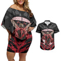 Personalised Essendon Bombers Football Couples Matching Off Shoulder Short Dress and Hawaiian Shirt Fierce Mosquito Mascot 3D Grunge City Art