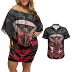 Personalised Essendon Bombers Football Couples Matching Off Shoulder Short Dress and Hawaiian Shirt Fierce Mosquito Mascot 3D Grunge City Art