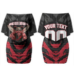 Personalised Essendon Bombers Football Couples Matching Off Shoulder Short Dress and Hawaiian Shirt Fierce Mosquito Mascot 3D Grunge City Art