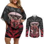 Personalised Essendon Bombers Football Couples Matching Off Shoulder Short Dress and Long Sleeve Button Shirt Fierce Mosquito Mascot 3D Grunge City Art