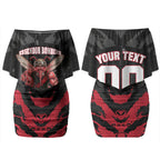 Personalised Essendon Bombers Football Couples Matching Off Shoulder Short Dress and Long Sleeve Button Shirt Fierce Mosquito Mascot 3D Grunge City Art