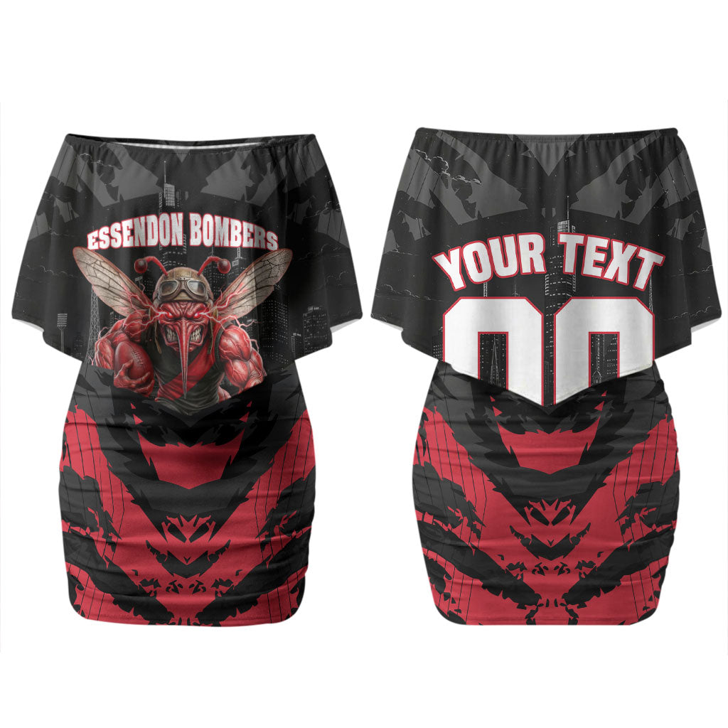 Personalised Essendon Bombers Football Couples Matching Off Shoulder Short Dress and Long Sleeve Button Shirt Fierce Mosquito Mascot 3D Grunge City Art