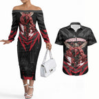 Personalised Essendon Bombers Football Couples Matching Off The Shoulder Long Sleeve Dress and Hawaiian Shirt Fierce Mosquito Mascot 3D Grunge City Art