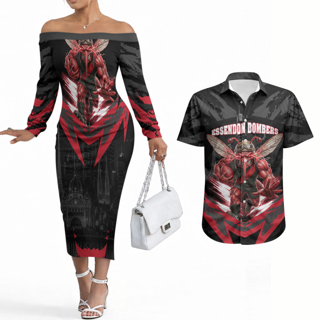 Personalised Essendon Bombers Football Couples Matching Off The Shoulder Long Sleeve Dress and Hawaiian Shirt Fierce Mosquito Mascot 3D Grunge City Art
