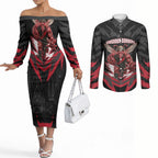 Personalised Essendon Bombers Football Couples Matching Off The Shoulder Long Sleeve Dress and Long Sleeve Button Shirt Fierce Mosquito Mascot 3D Grunge City Art