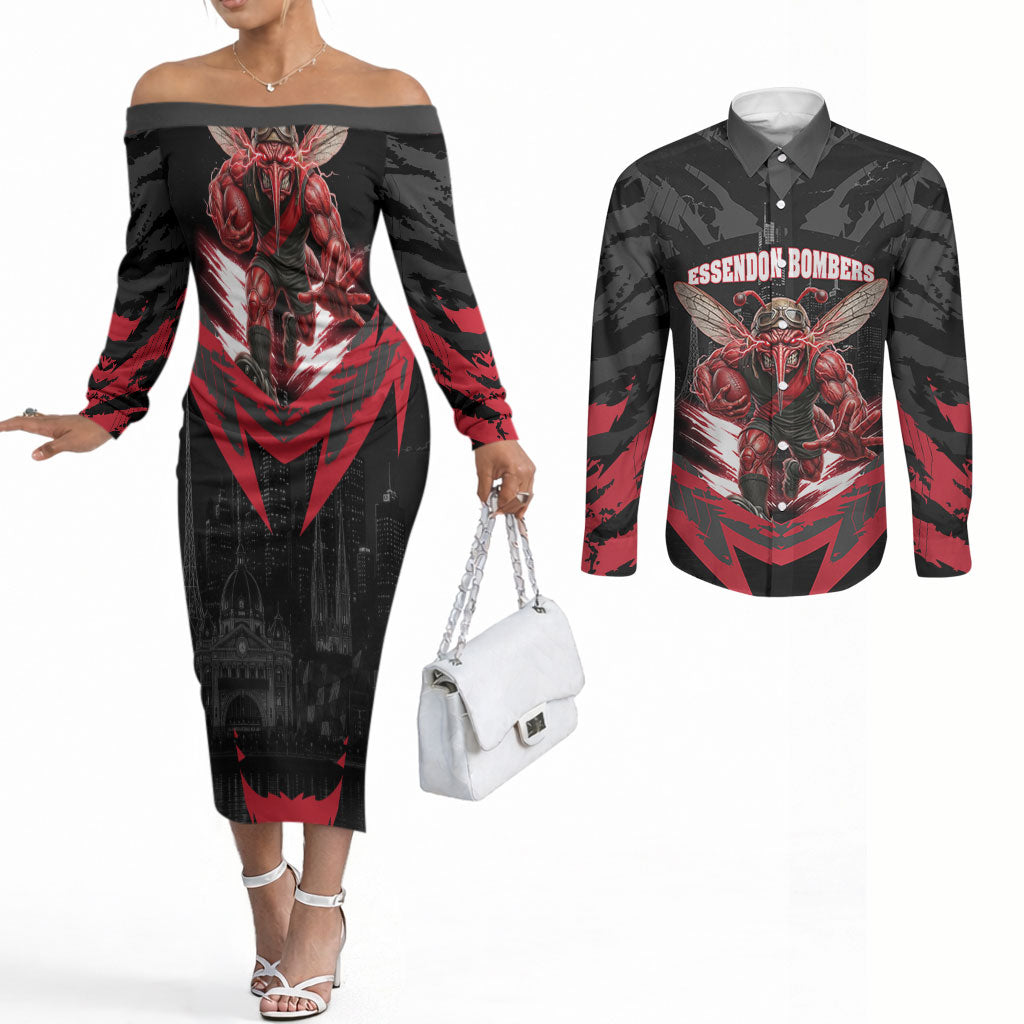 Personalised Essendon Bombers Football Couples Matching Off The Shoulder Long Sleeve Dress and Long Sleeve Button Shirt Fierce Mosquito Mascot 3D Grunge City Art