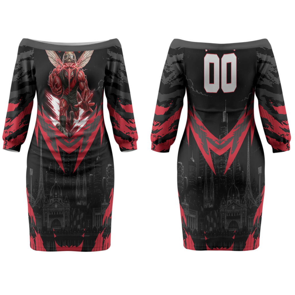 Personalised Essendon Bombers Football Couples Matching Off The Shoulder Long Sleeve Dress and Long Sleeve Button Shirt Fierce Mosquito Mascot 3D Grunge City Art
