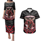 Personalised Essendon Bombers Football Couples Matching Puletasi and Hawaiian Shirt Fierce Mosquito Mascot 3D Grunge City Art