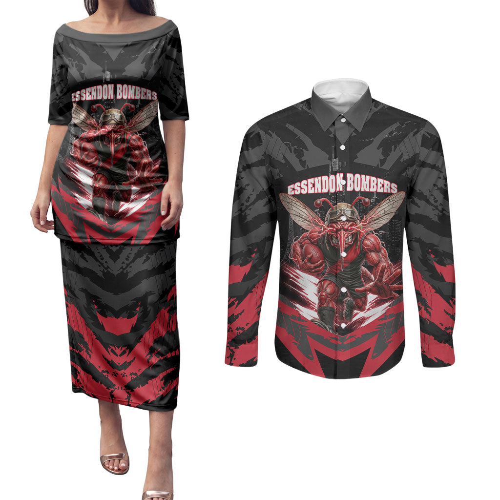 Personalised Essendon Bombers Football Couples Matching Puletasi and Long Sleeve Button Shirt Fierce Mosquito Mascot 3D Grunge City Art