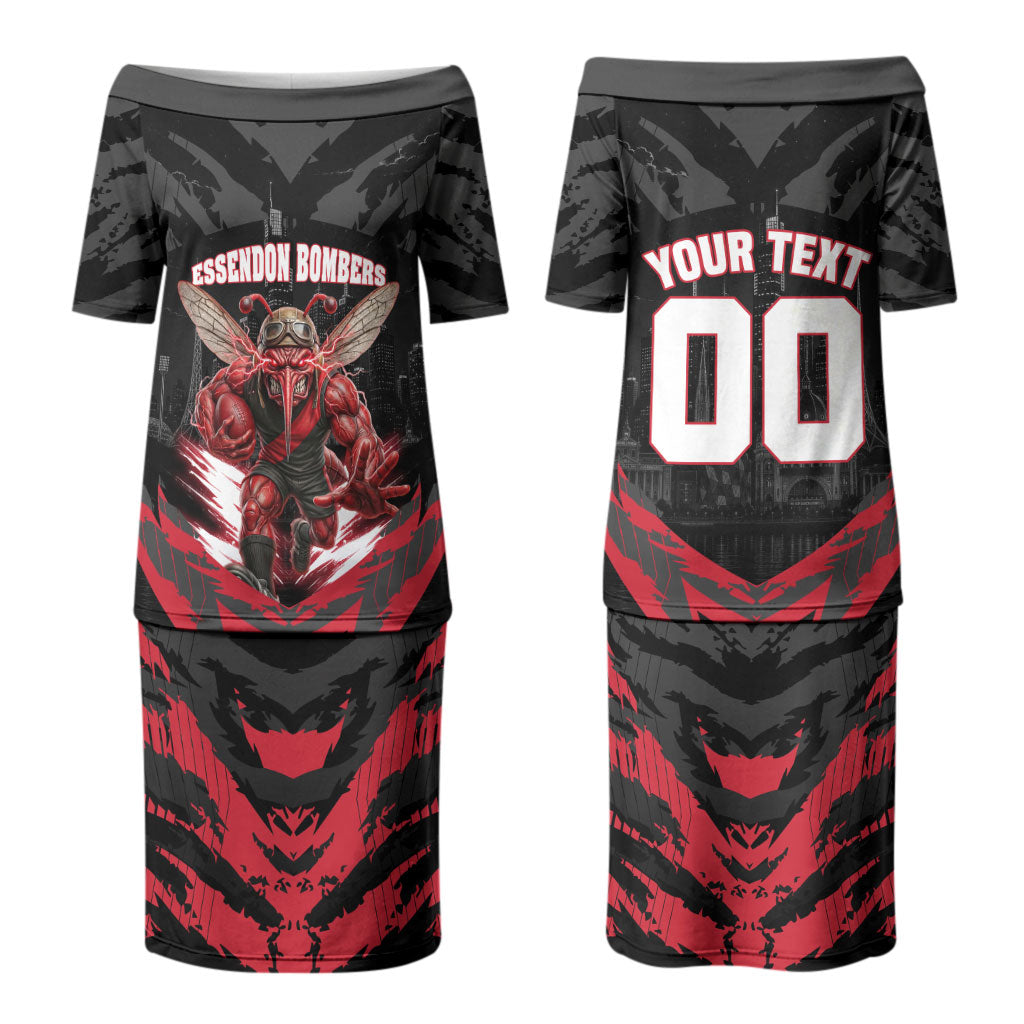 Personalised Essendon Bombers Football Couples Matching Puletasi and Long Sleeve Button Shirt Fierce Mosquito Mascot 3D Grunge City Art