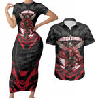 Personalised Essendon Bombers Football Couples Matching Short Sleeve Bodycon Dress and Hawaiian Shirt Fierce Mosquito Mascot 3D Grunge City Art