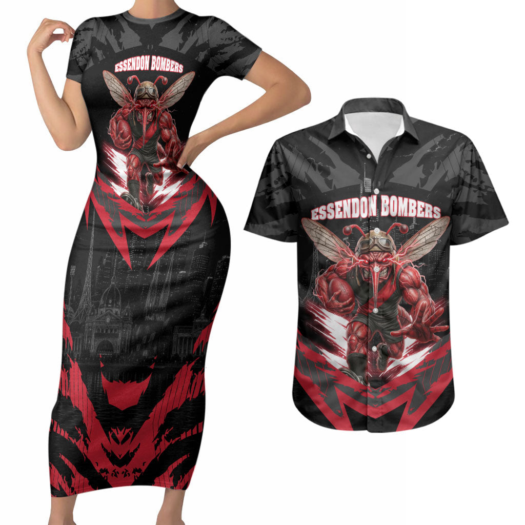 Personalised Essendon Bombers Football Couples Matching Short Sleeve Bodycon Dress and Hawaiian Shirt Fierce Mosquito Mascot 3D Grunge City Art