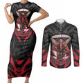 Personalised Essendon Bombers Football Couples Matching Short Sleeve Bodycon Dress and Long Sleeve Button Shirt Fierce Mosquito Mascot 3D Grunge City Art