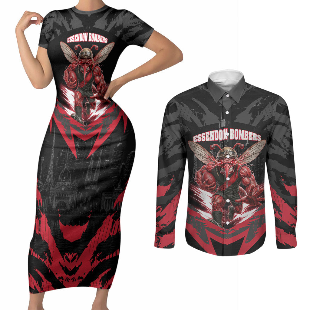 Personalised Essendon Bombers Football Couples Matching Short Sleeve Bodycon Dress and Long Sleeve Button Shirt Fierce Mosquito Mascot 3D Grunge City Art