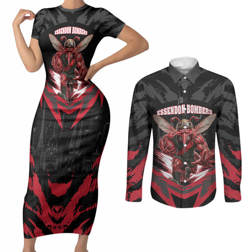 Personalised Essendon Bombers Football Couples Matching Short Sleeve Bodycon Dress and Long Sleeve Button Shirt Fierce Mosquito Mascot 3D Grunge City Art