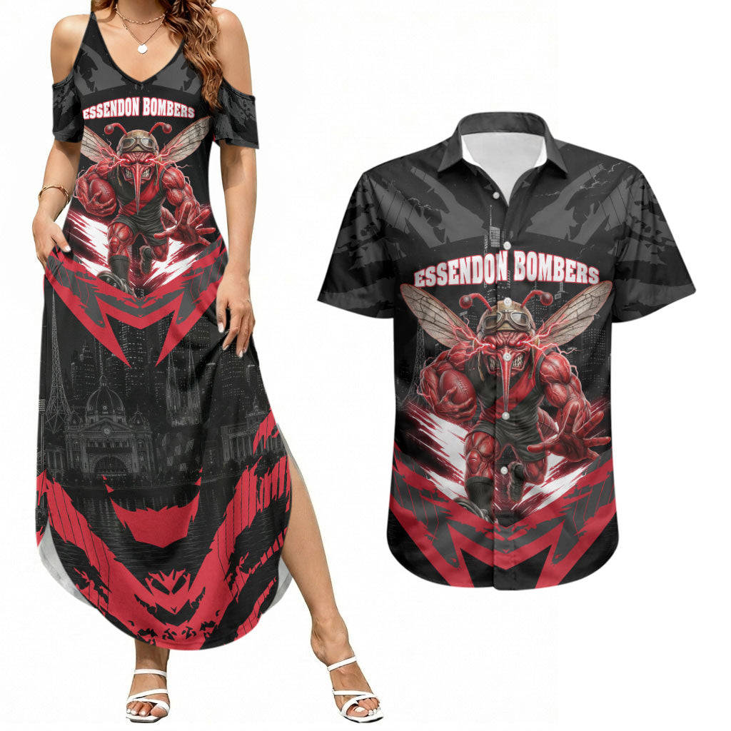 Personalised Essendon Bombers Football Couples Matching Summer Maxi Dress and Hawaiian Shirt Fierce Mosquito Mascot 3D Grunge City Art