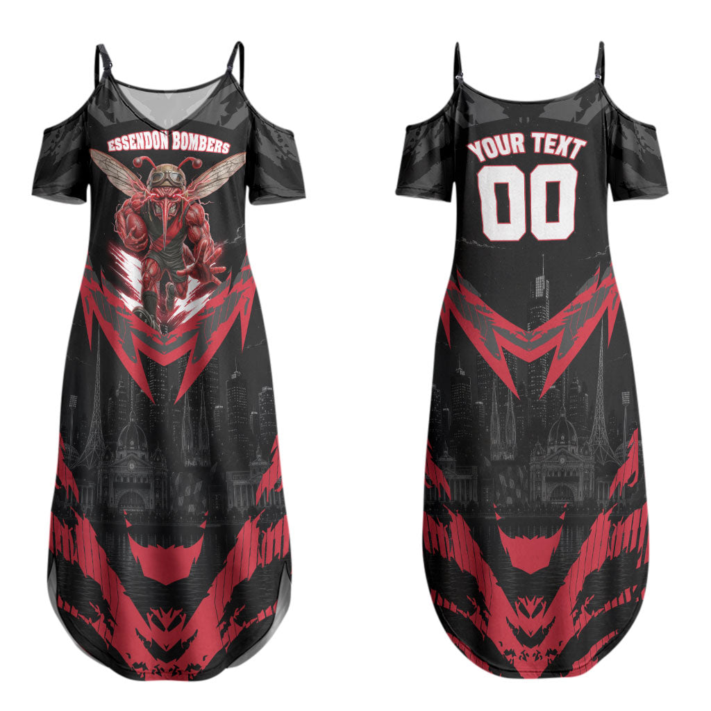 Personalised Essendon Bombers Football Couples Matching Summer Maxi Dress and Hawaiian Shirt Fierce Mosquito Mascot 3D Grunge City Art