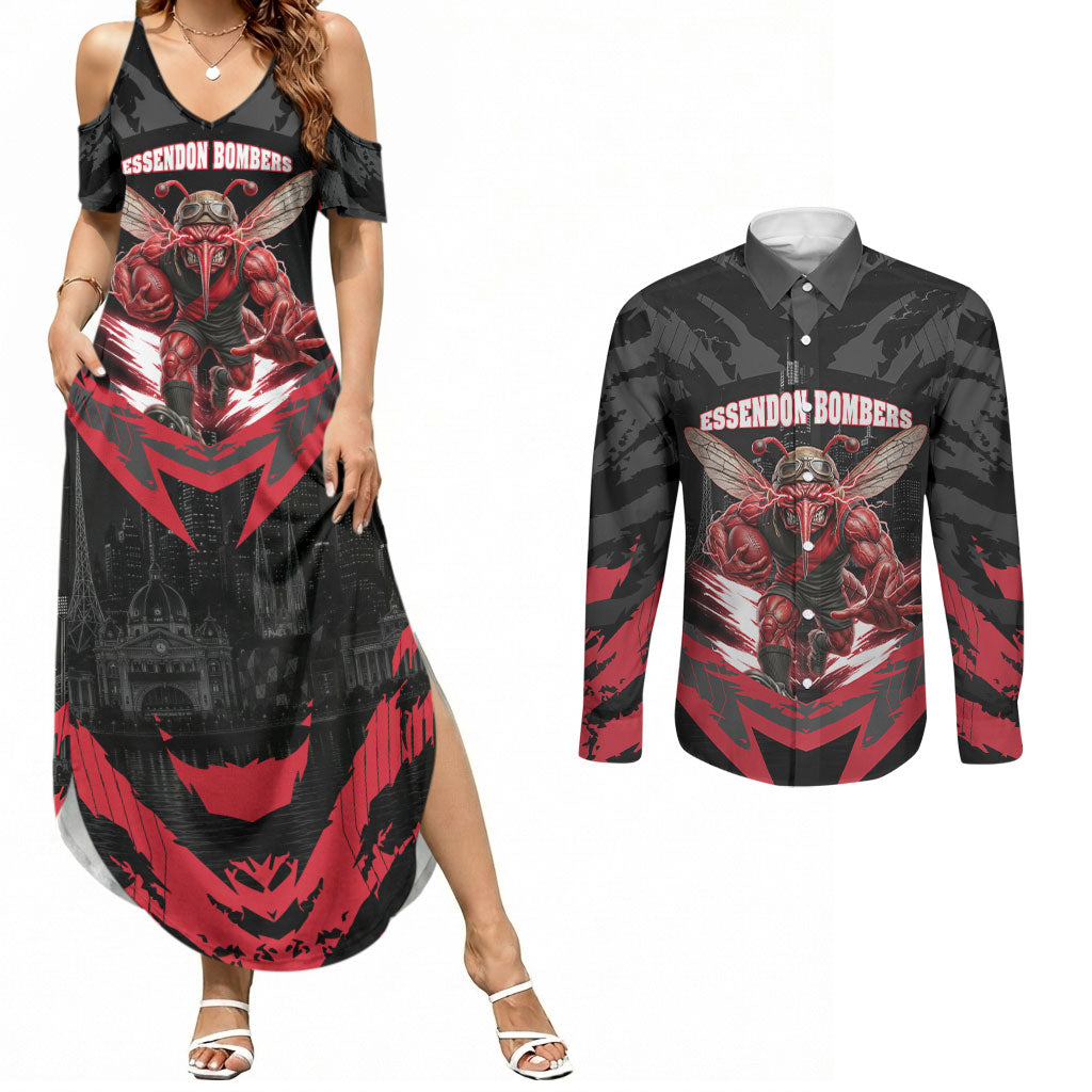 Personalised Essendon Bombers Football Couples Matching Summer Maxi Dress and Long Sleeve Button Shirt Fierce Mosquito Mascot 3D Grunge City Art