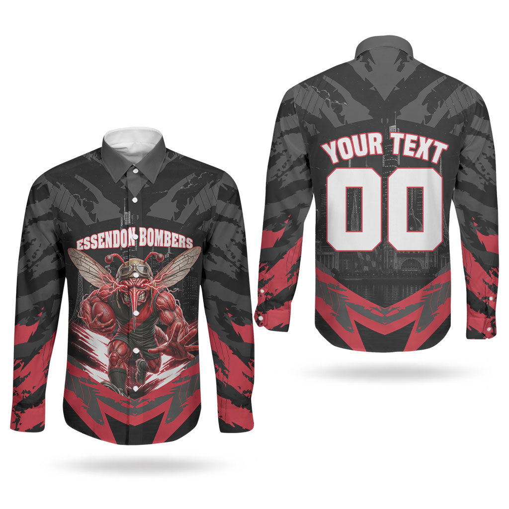 Personalised Essendon Bombers Football Couples Matching Summer Maxi Dress and Long Sleeve Button Shirt Fierce Mosquito Mascot 3D Grunge City Art