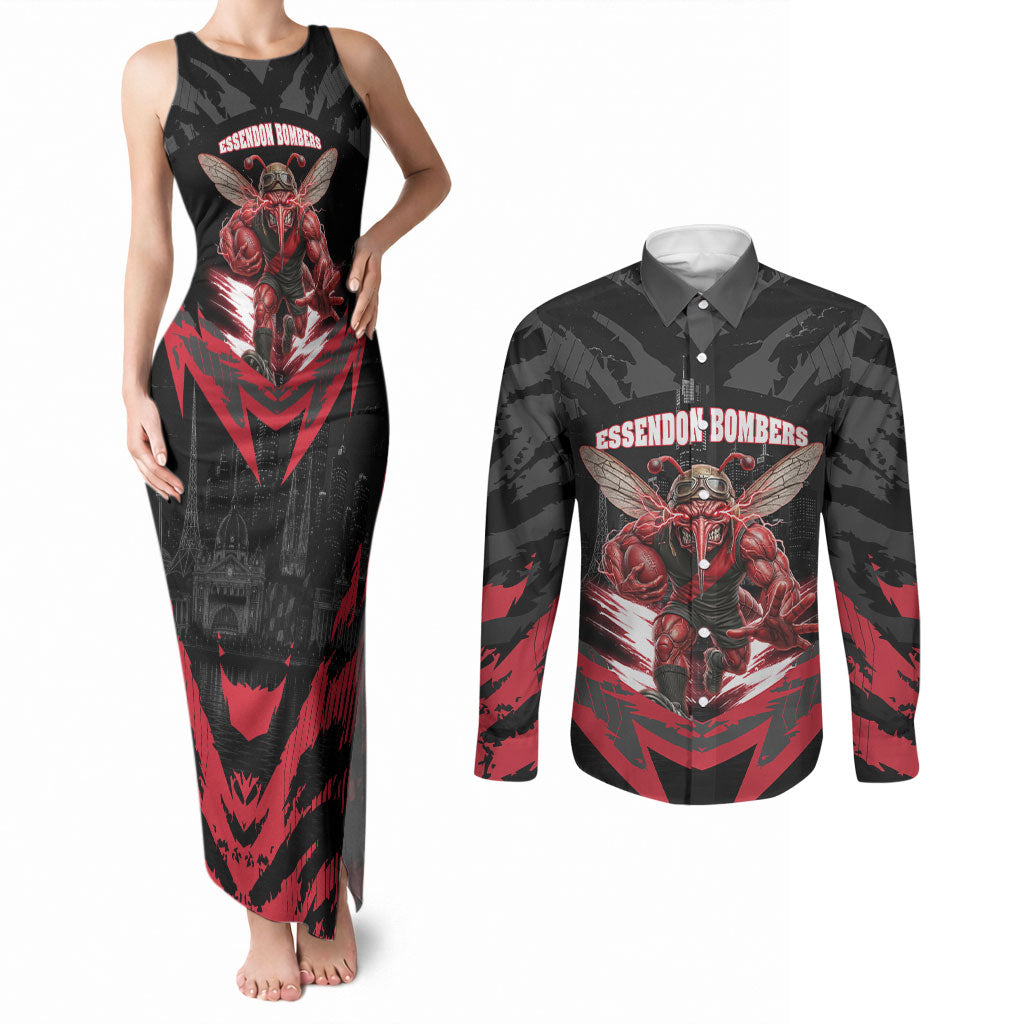 Personalised Essendon Bombers Football Couples Matching Tank Maxi Dress and Long Sleeve Button Shirt Fierce Mosquito Mascot 3D Grunge City Art