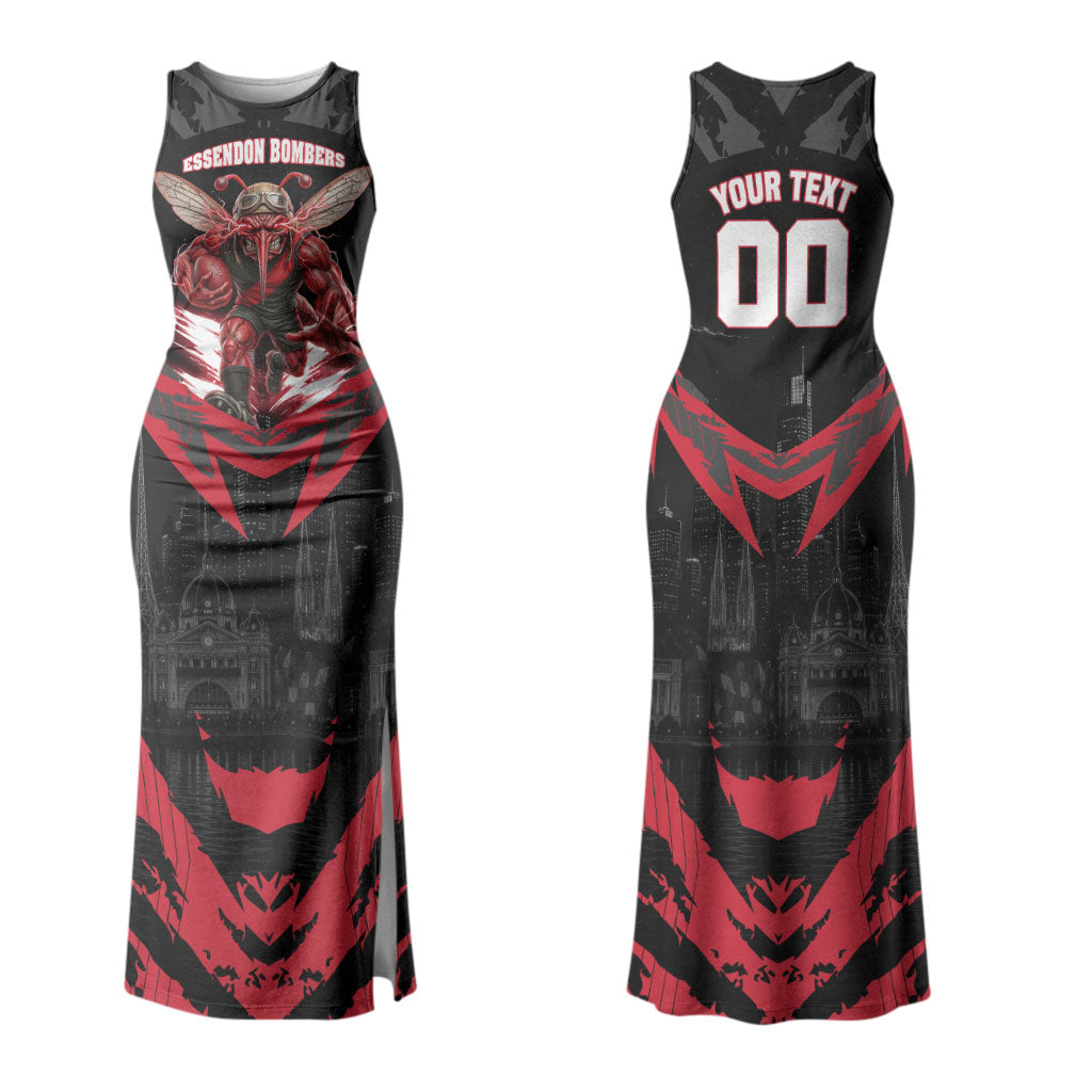 Personalised Essendon Bombers Football Couples Matching Tank Maxi Dress and Long Sleeve Button Shirt Fierce Mosquito Mascot 3D Grunge City Art
