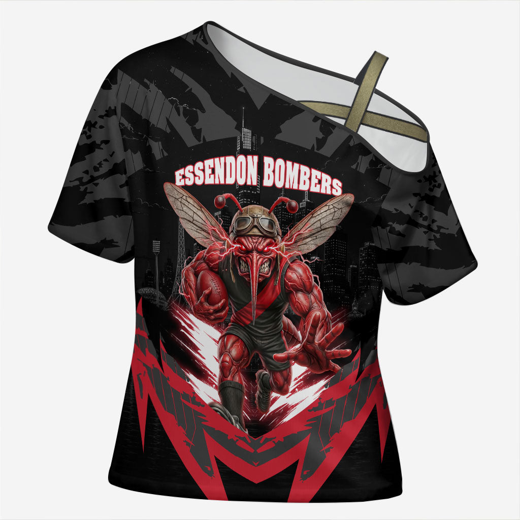 Personalised Essendon Bombers Football Cross Shoulder Shirt Fierce Mosquito Mascot 3D Grunge City Art
