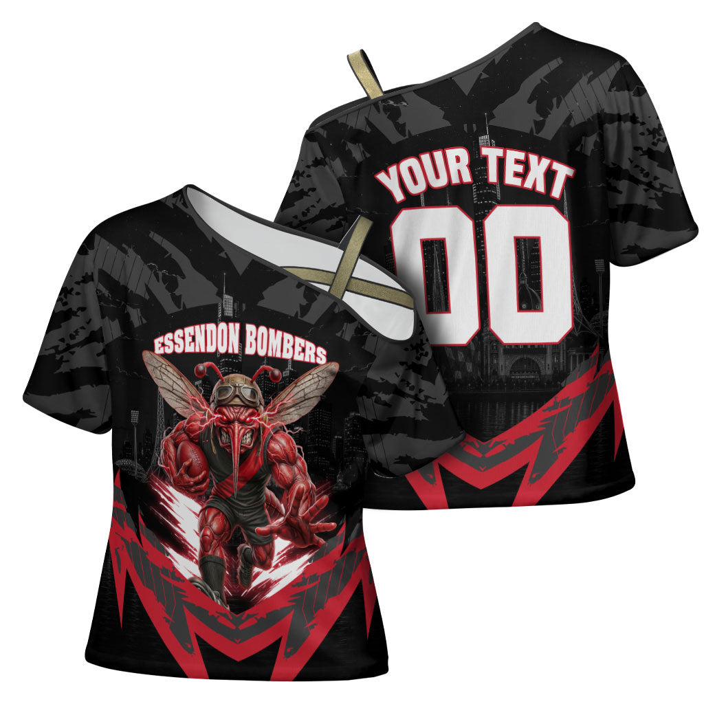 Personalised Essendon Bombers Football Cross Shoulder Shirt Fierce Mosquito Mascot 3D Grunge City Art