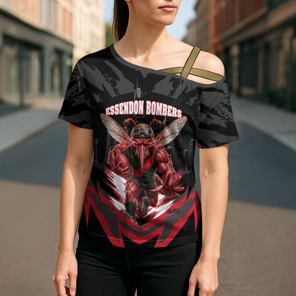 Personalised Essendon Bombers Football Cross Shoulder Shirt Fierce Mosquito Mascot 3D Grunge City Art