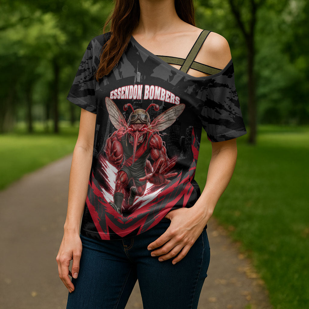 Personalised Essendon Bombers Football Cross Shoulder Shirt Fierce Mosquito Mascot 3D Grunge City Art