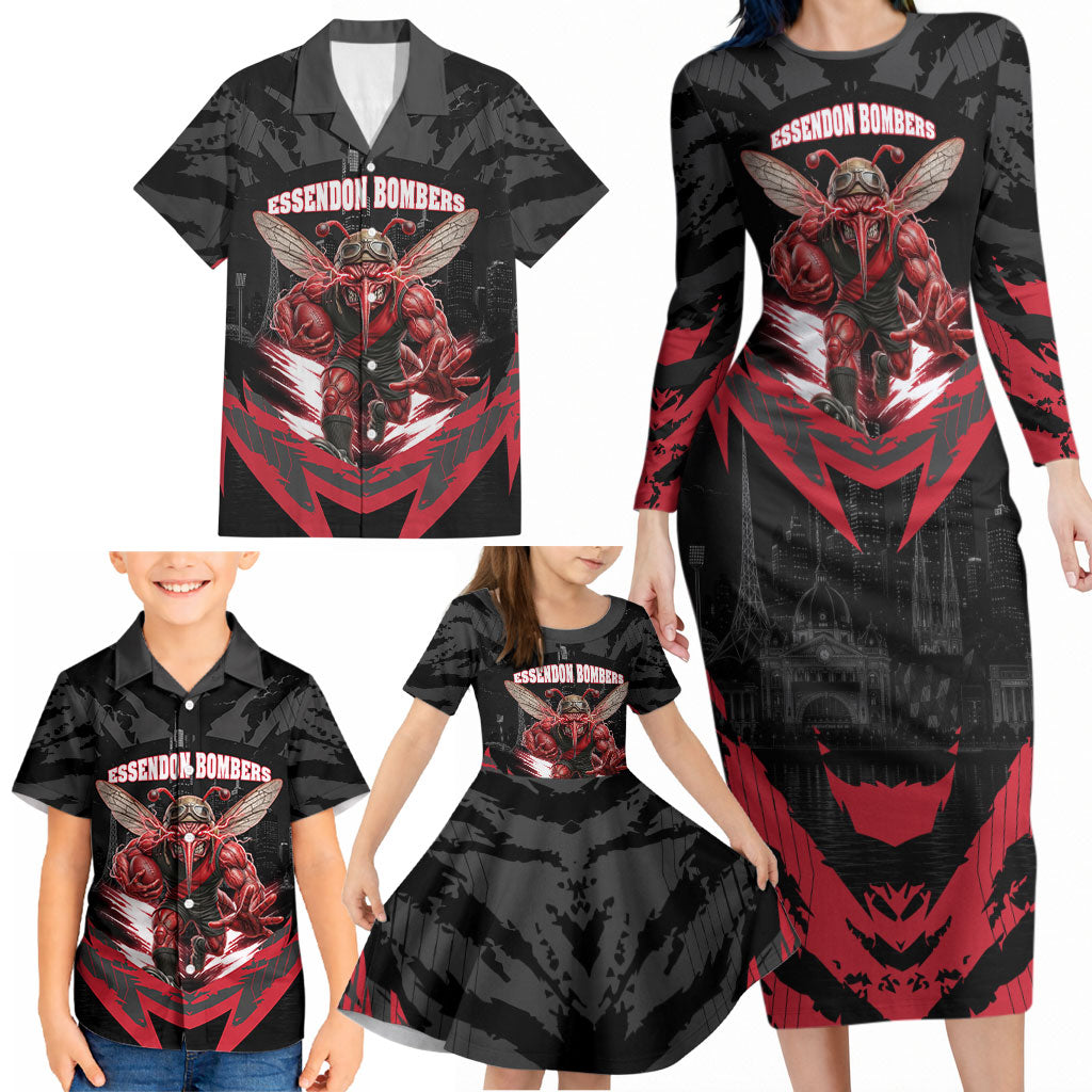 Personalised Essendon Bombers Football Family Matching Long Sleeve Bodycon Dress and Hawaiian Shirt Fierce Mosquito Mascot 3D Grunge City Art