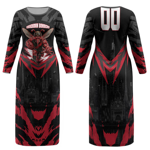 Personalised Essendon Bombers Football Family Matching Long Sleeve Bodycon Dress and Hawaiian Shirt Fierce Mosquito Mascot 3D Grunge City Art
