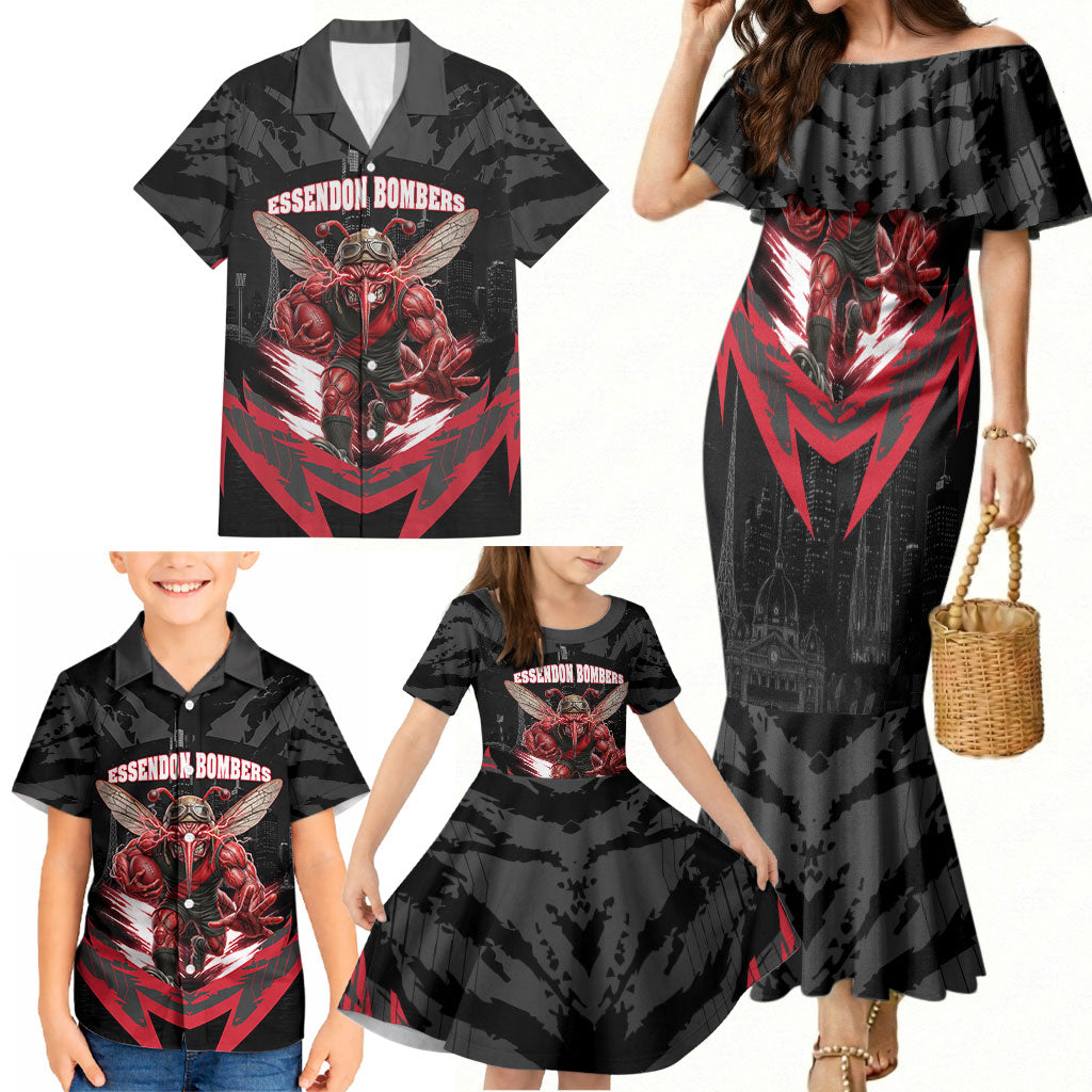Personalised Essendon Bombers Football Family Matching Mermaid Dress and Hawaiian Shirt Fierce Mosquito Mascot 3D Grunge City Art