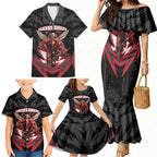 Personalised Essendon Bombers Football Family Matching Mermaid Dress and Hawaiian Shirt Fierce Mosquito Mascot 3D Grunge City Art