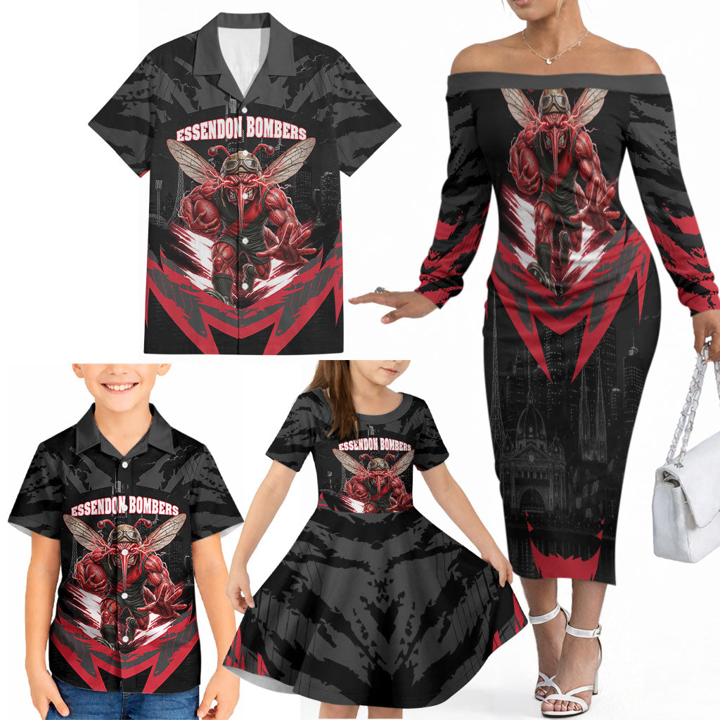 Personalised Essendon Bombers Football Family Matching Off The Shoulder Long Sleeve Dress and Hawaiian Shirt Fierce Mosquito Mascot 3D Grunge City Art