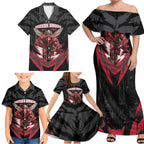 Personalised Essendon Bombers Football Family Matching Off Shoulder Maxi Dress and Hawaiian Shirt Fierce Mosquito Mascot 3D Grunge City Art