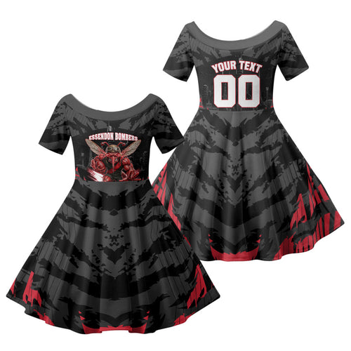 Personalised Essendon Bombers Football Family Matching Off Shoulder Maxi Dress and Hawaiian Shirt Fierce Mosquito Mascot 3D Grunge City Art