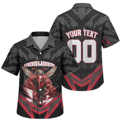 Personalised Essendon Bombers Football Family Matching Off Shoulder Maxi Dress and Hawaiian Shirt Fierce Mosquito Mascot 3D Grunge City Art