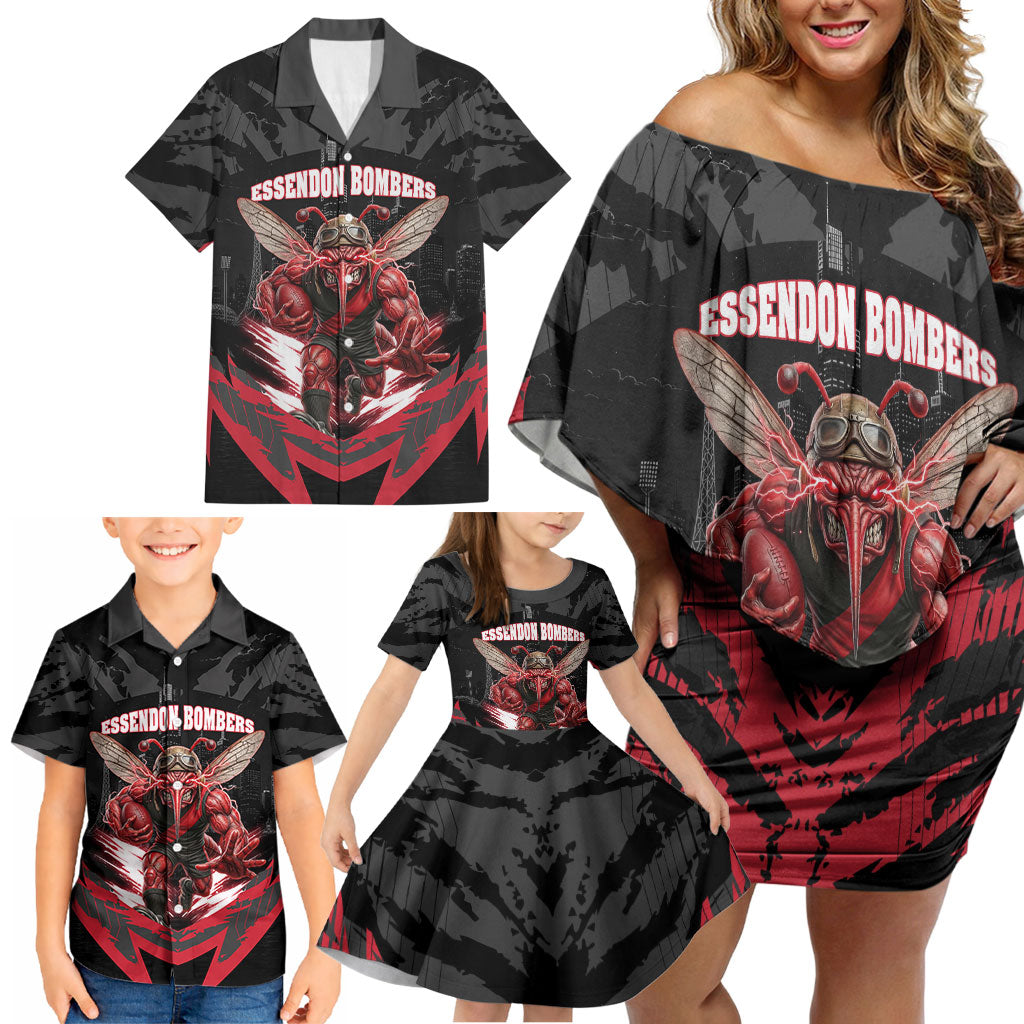Personalised Essendon Bombers Football Family Matching Off Shoulder Short Dress and Hawaiian Shirt Fierce Mosquito Mascot 3D Grunge City Art