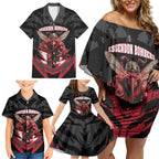 Personalised Essendon Bombers Football Family Matching Off Shoulder Short Dress and Hawaiian Shirt Fierce Mosquito Mascot 3D Grunge City Art