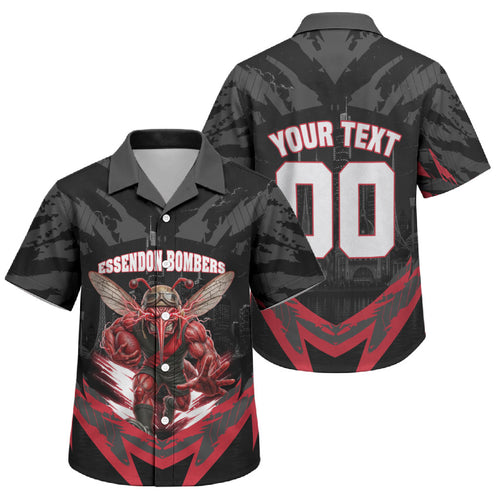 Personalised Essendon Bombers Football Family Matching Off Shoulder Short Dress and Hawaiian Shirt Fierce Mosquito Mascot 3D Grunge City Art