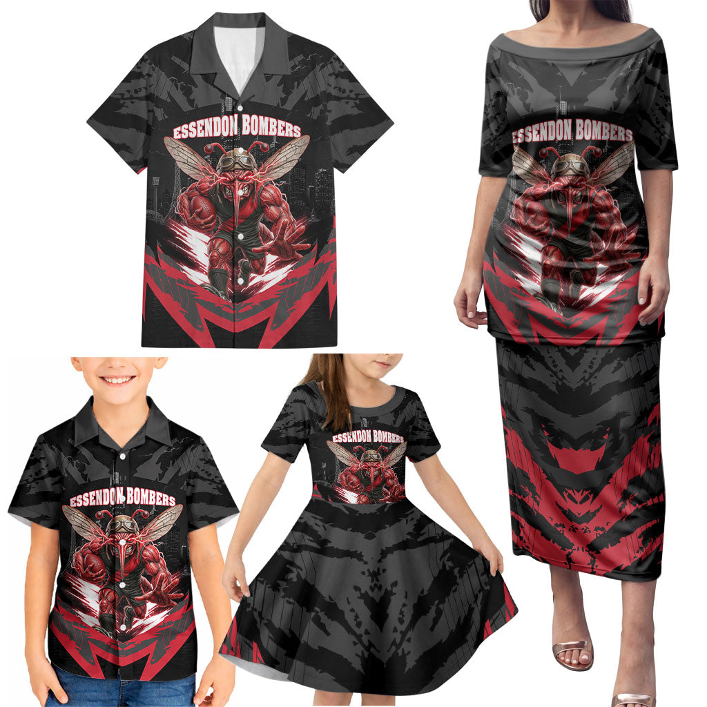 Personalised Essendon Bombers Football Family Matching Puletasi and Hawaiian Shirt Fierce Mosquito Mascot 3D Grunge City Art