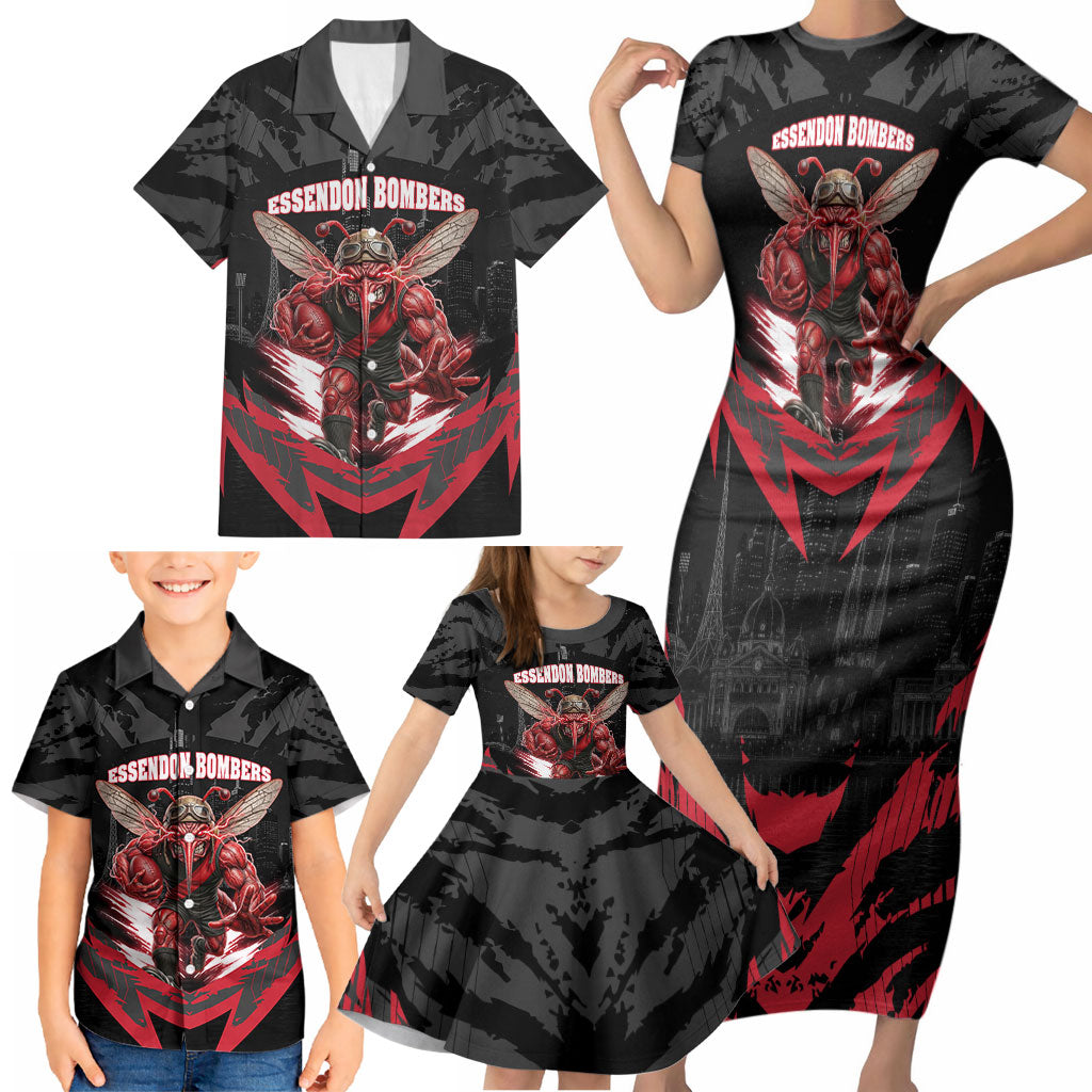 Personalised Essendon Bombers Football Family Matching Short Sleeve Bodycon Dress and Hawaiian Shirt Fierce Mosquito Mascot 3D Grunge City Art