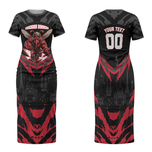 Personalised Essendon Bombers Football Family Matching Short Sleeve Bodycon Dress and Hawaiian Shirt Fierce Mosquito Mascot 3D Grunge City Art