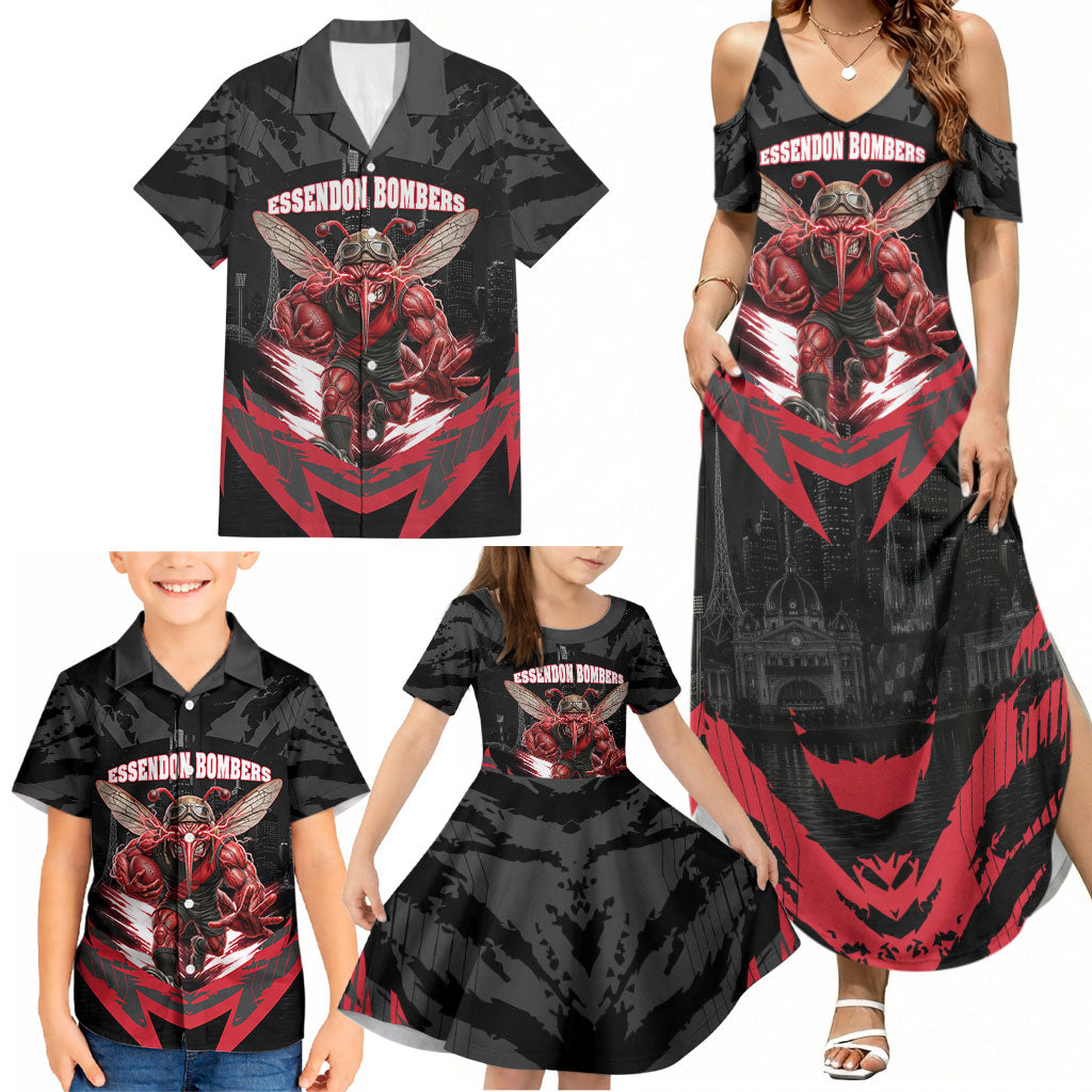 Personalised Essendon Bombers Football Family Matching Summer Maxi Dress and Hawaiian Shirt Fierce Mosquito Mascot 3D Grunge City Art